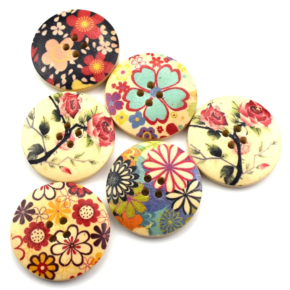 30MM Mix Wood Buckle Flower Printed Wooden Buttons Handmade Wood Buckles Button Craft DIY Baby Sewing Apparel Accessories