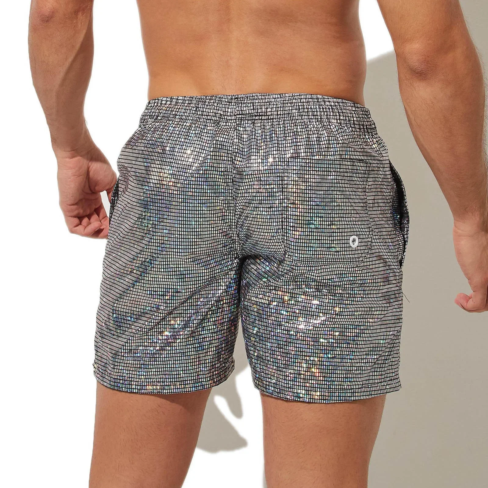 Mens Summer Beach Shorts Plus Size Glittering Swimming Boxer Underpants 100% Polyester Solid Plaid String Board Short