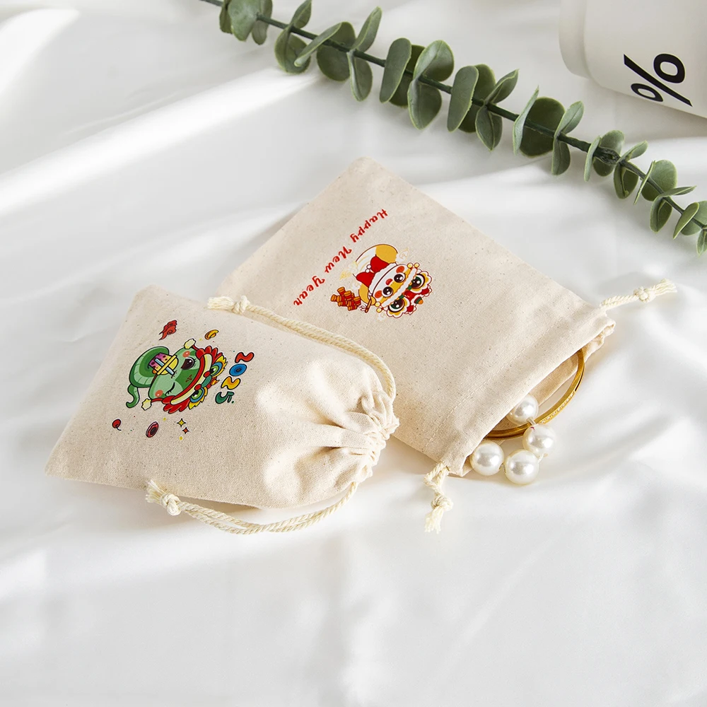 12Pcs Jewelry Muslin Bag Cotton Canvas Drawstring Pouch 2025 New Year Snake Pouch Rings Earrings Sack Bracelet Goodies Organizer