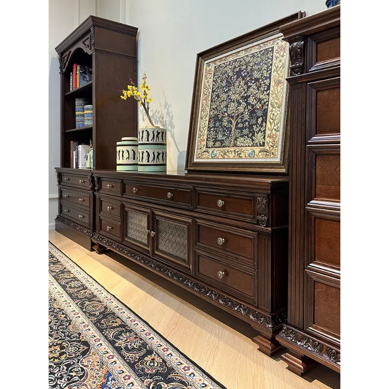 Pure solid wood large American TV cabinet combination villa living room high-end French retro classical European engraved video