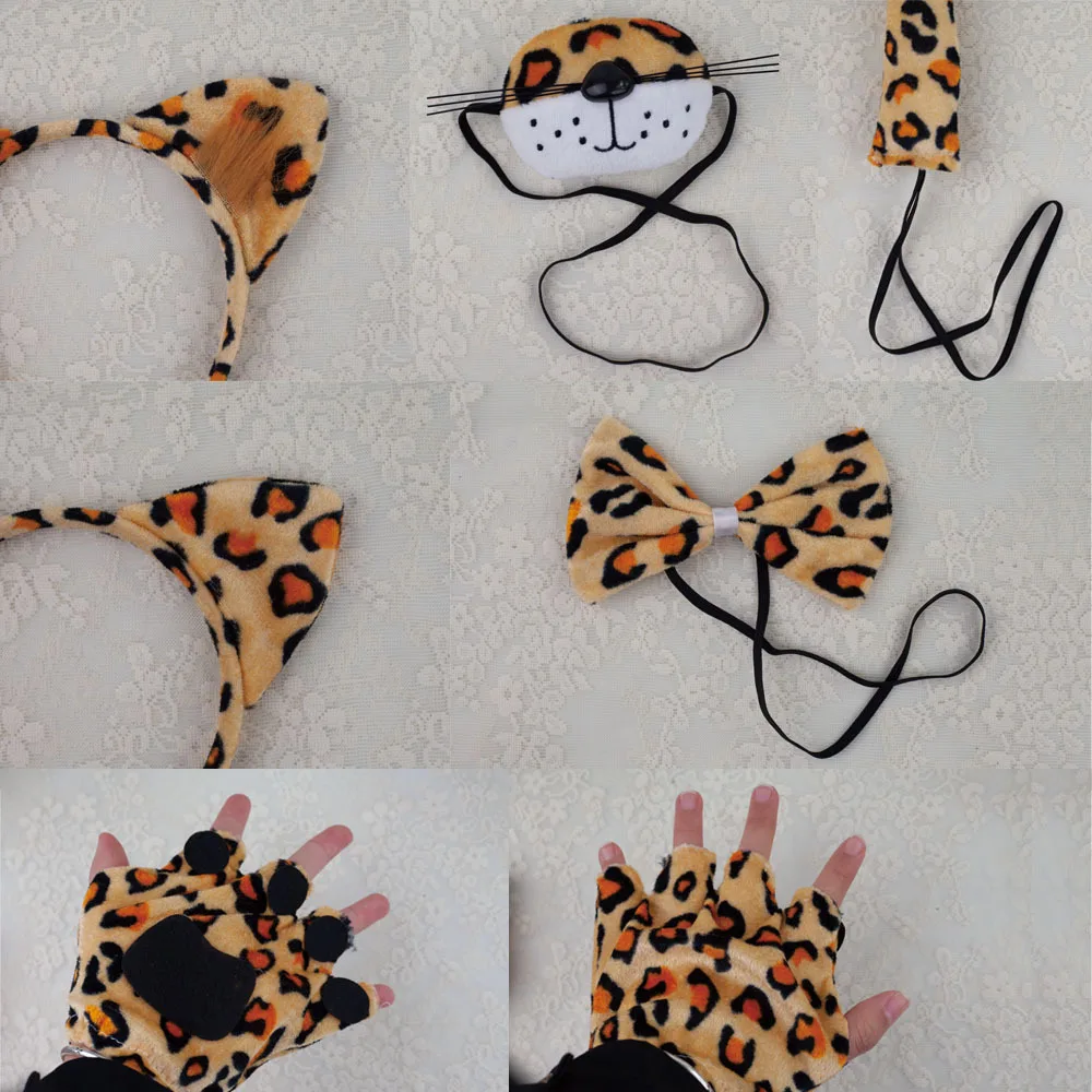 Adults Leopard headband Cosplay Kawaii Animal Ears Headband Funny Nose Face Wearings Halloween Party Costumes Bow Tie Tail