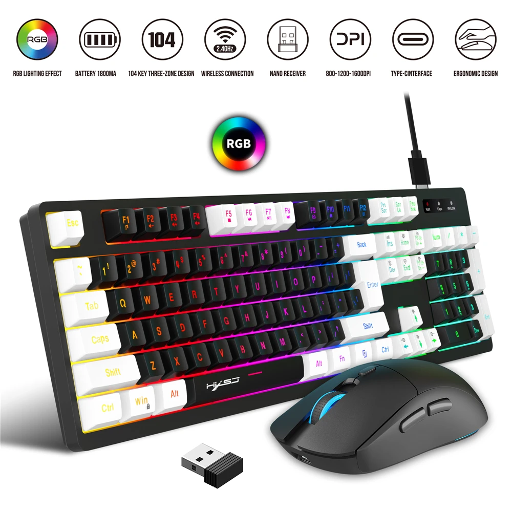 

Wireless Keyboard Mouse Set Rechargeable 2.4G Colorful Gaming RGB Backlit IBM PC Win98SE Me 2000 XP VISTA WIN 7 10 11