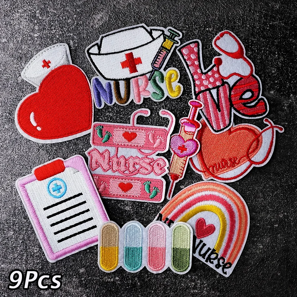 9Pcs/Lot Rainbow Nurse Love Iron on Patches for Clothing Embroidery Applique Ironing Clothing Sewing Supplies Decorative Badges