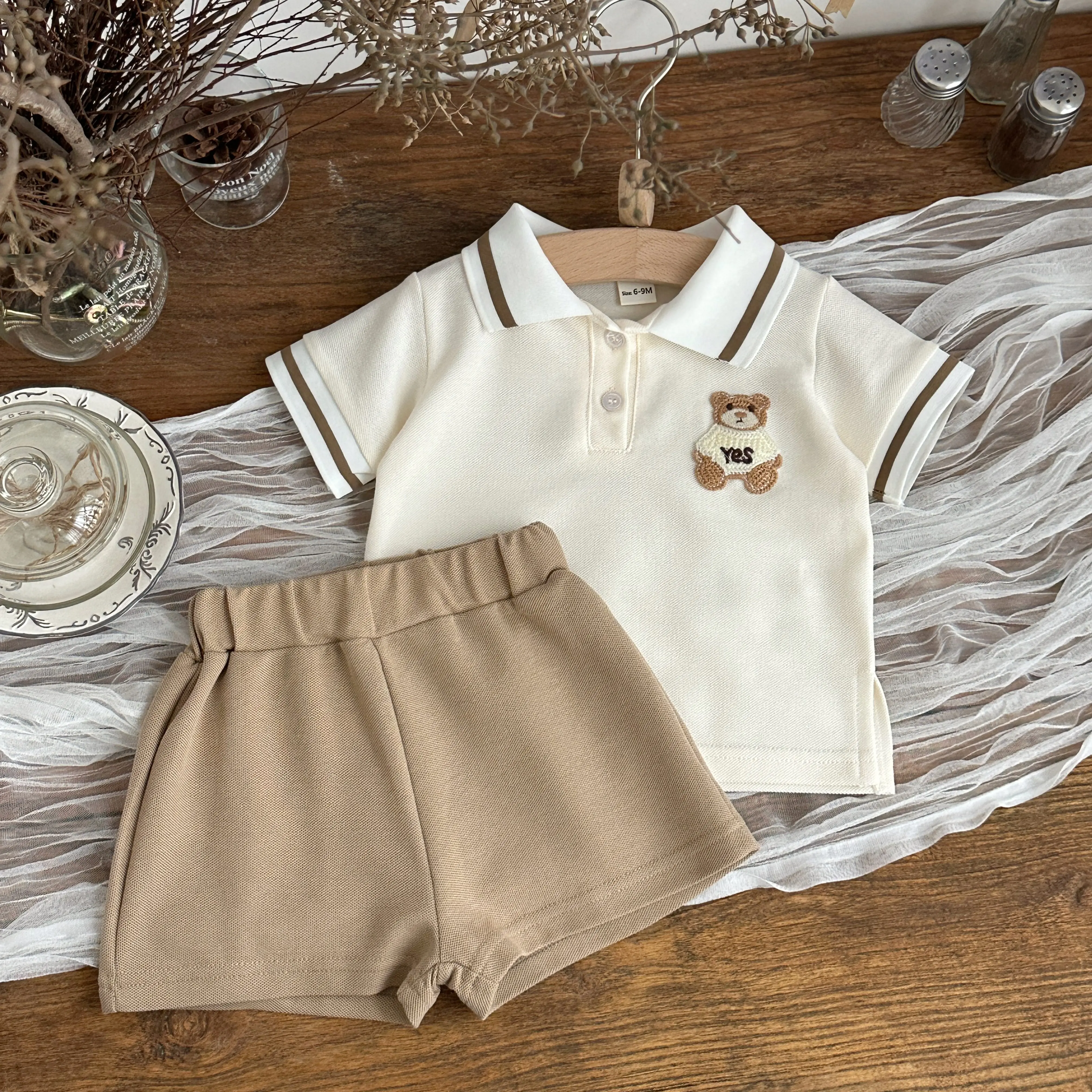 

2PCS Baby Boy Girl Clothes Set Beige Short Sleeves Cartoon Bear Embroidery T-shirt +Shorts Summer Daily Casual Outfit 0-3Y