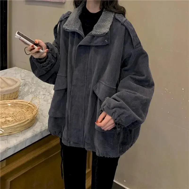 2025 New Retro Jackets Women Corduroy Plus Velvet Thick Coat Loose Lamb Wool Jacket Autumn Winter Clothes Womens Coats