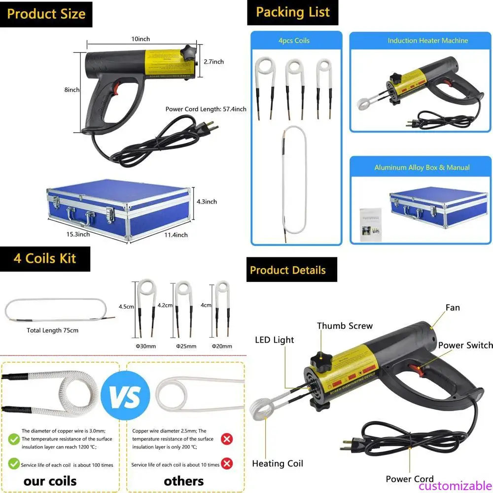 

Комплект ручного индукционного болтового нагревателя — 1500 Вт, 4 катушки, инструмент для быстрой нагрева для снятия болтов