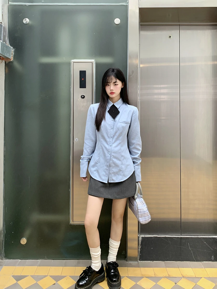 

Blue Long Sve irt Women's Unique Design Spring Autumn New Sle Commute Sle Slim Fit Polyester Fabric Collar Butt...