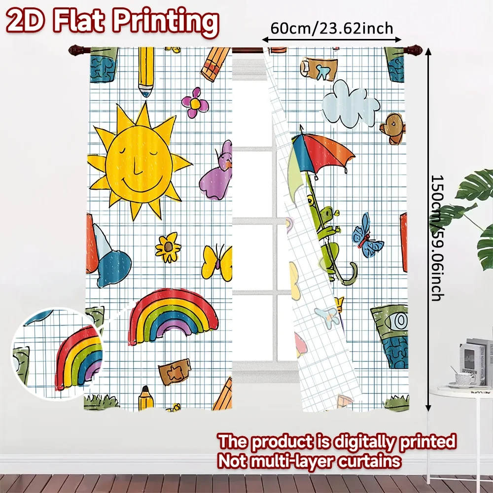 2D flat printing 2pcs Curtain Colorful Doodle Digital Printed Polyester Drapes Festive Holiday for New Year and Carnival Party