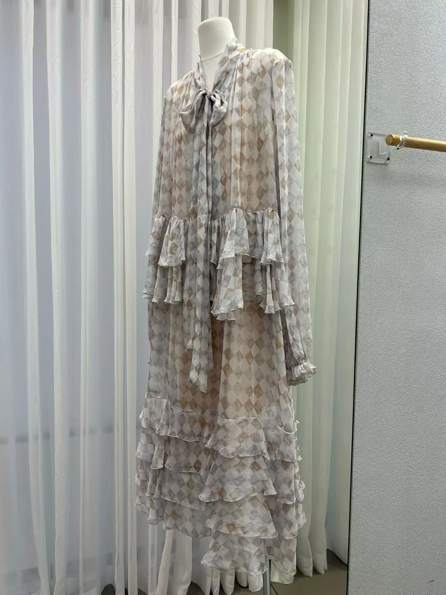 Vestido maxi em camadas feminino com gola de renda manga comprida solto roupão xadrez feminino