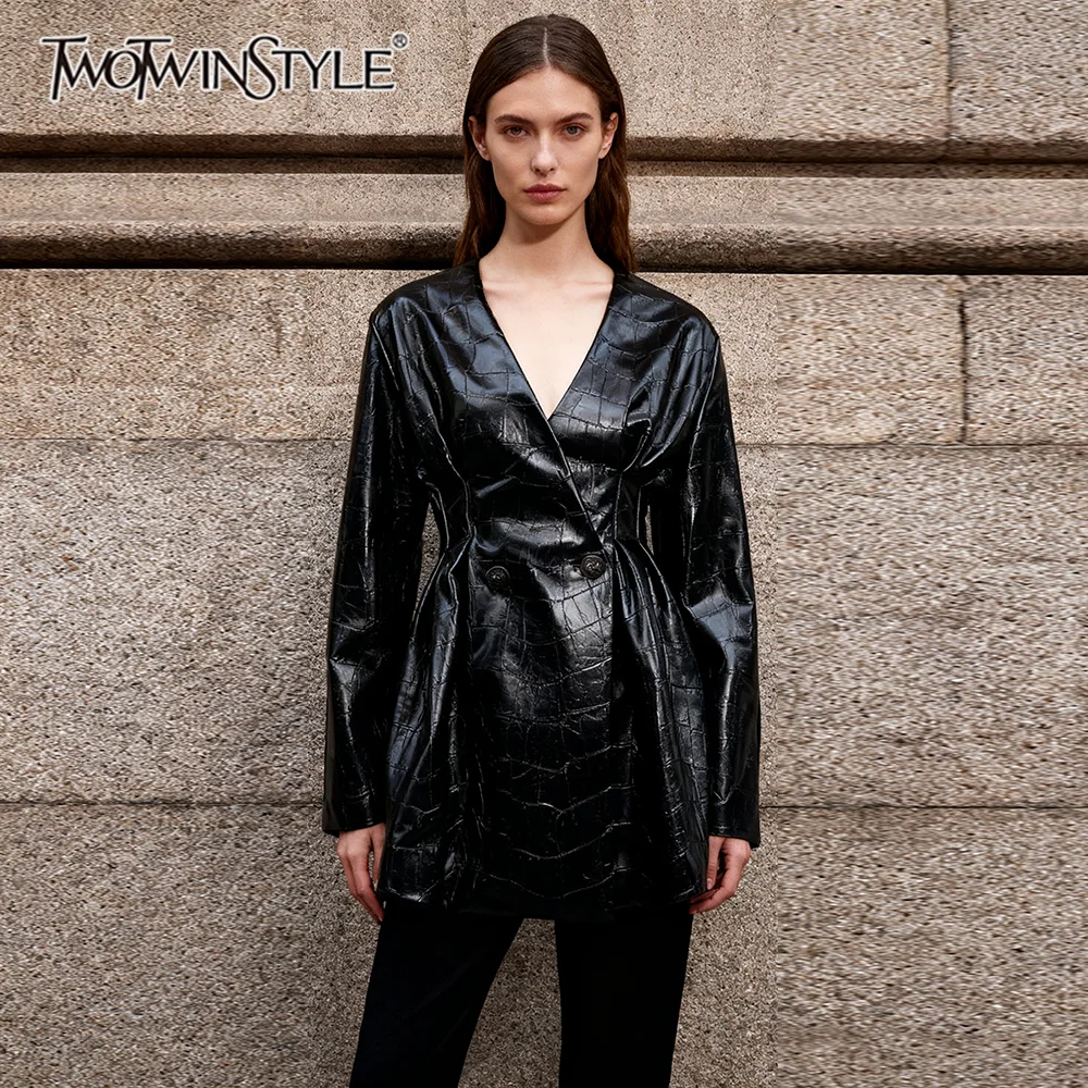 

TWOTWINSTYLE Fashion Spliced Folds Leather Jackets for Women V Neck Long Sleeves High Waist Patchwork Buttons Jacket Female New