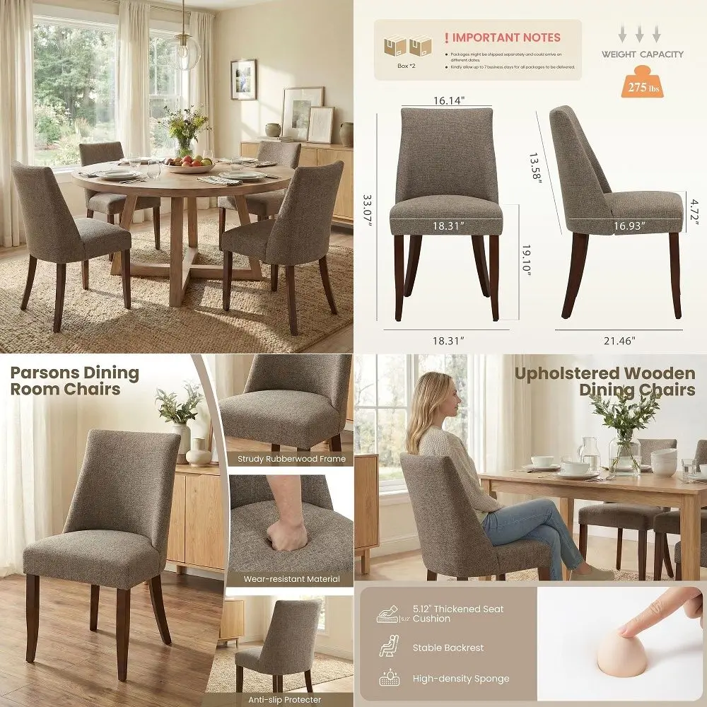 

Dining Chairs Set of 4, Upholstered Farmhouse Fabric Dining Room Chair, Mid Century Kitchen Chair for Restaurant amp Cafe, Brow