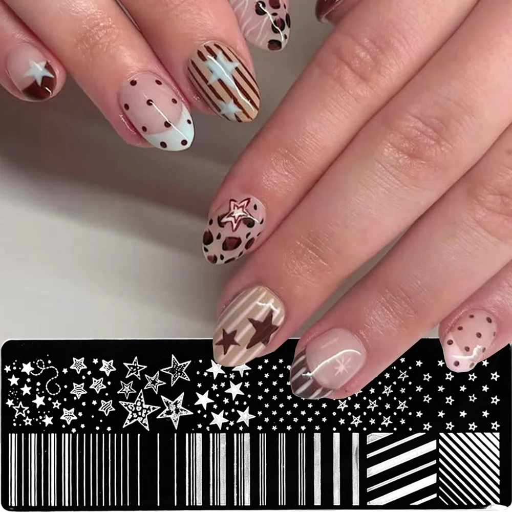 New Star&Stripe Polka Dot Nail Stamping Plate 3D Geometric Wavy Line Multi-Size Stars Pattern  Nail Art Transfer Template 12.4cm