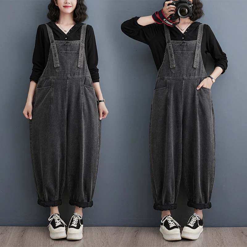 Vintage Grey Denim Jumpsuits For Women Autumn Loose Wide Leg Baggy Jeans Cargo Pants Big Size Straps Ladies Overalls Mom Rompers