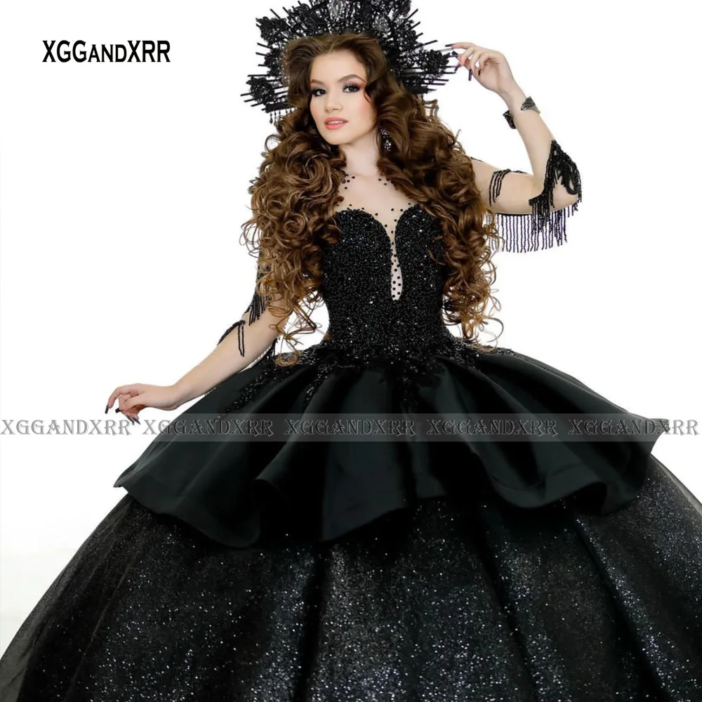 Long Sleeves Black Quinceanera Dresses 2024 Sparkly Fabric Sweet 15 16 Birthday Party Ball Gown Prom Custom Made Pageant Gala