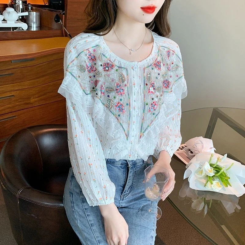 

Винтажная женская блузка с цветными блестками и цветочной вышивкой, стильный весенне-осенний топ 2026, новая повседневная рубашка для женщин