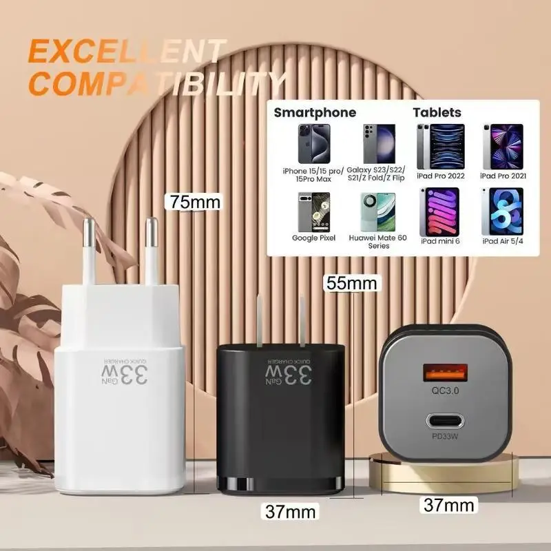 ~33W GaN Fast Travel Charger Dual Port PD 33W QC30 Output For Mobile Phones Tablets Travel And Daily Use - view 4
