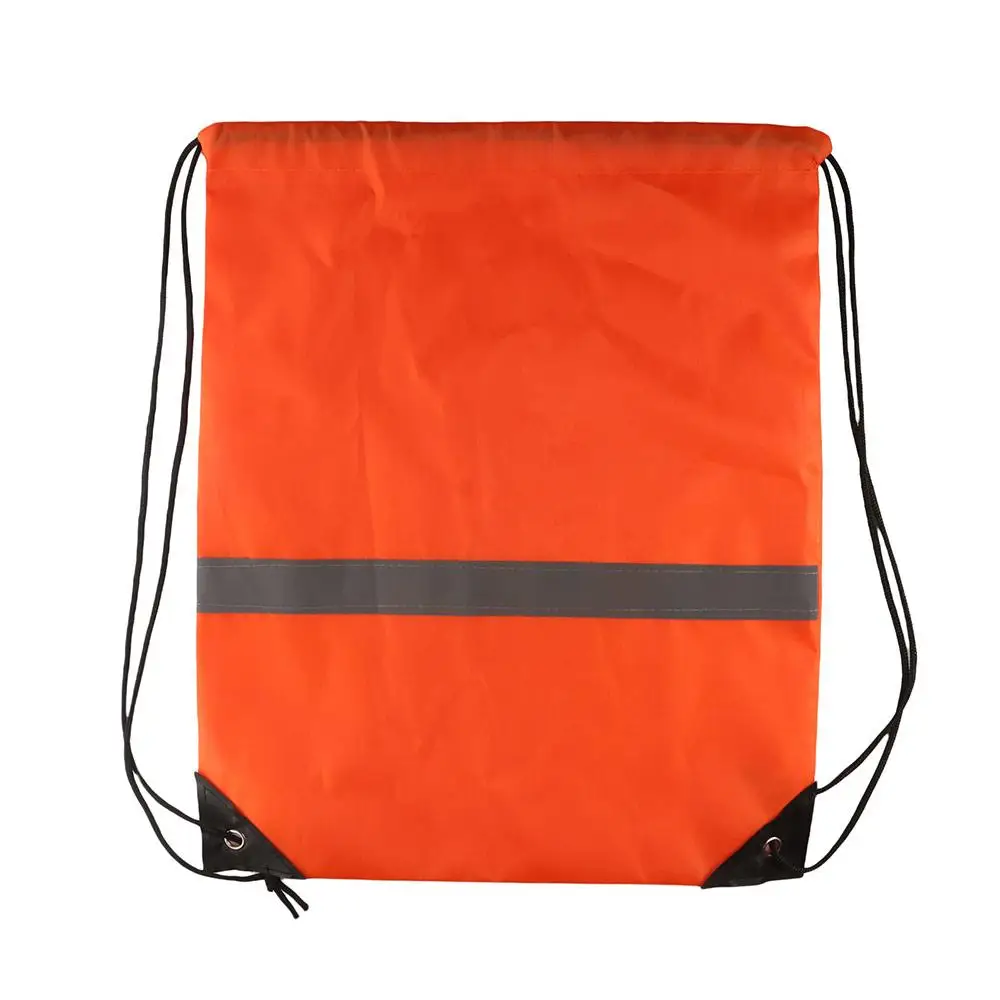 Reflective Stripe Drawstring Gym Backpack Waterproof Solid Color Nylon Sports Shoulder Bag Foldable 210D Polyester