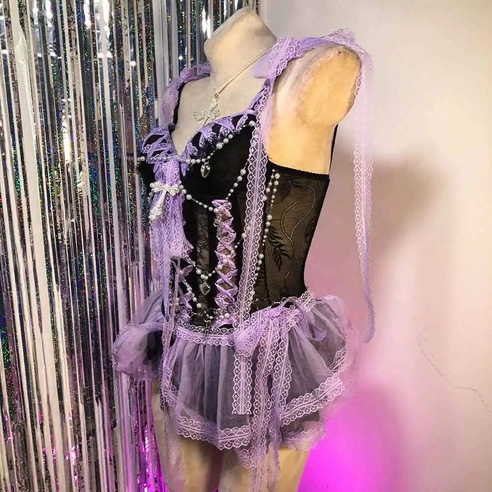 Y2K レース トップス クラブウェア クロス ハンドメイド ゴス エコ ハート 原宿 E-girls ゴシック ドレス カワイイ パンクロック 90年代 エモ DIY グランジ サイバー