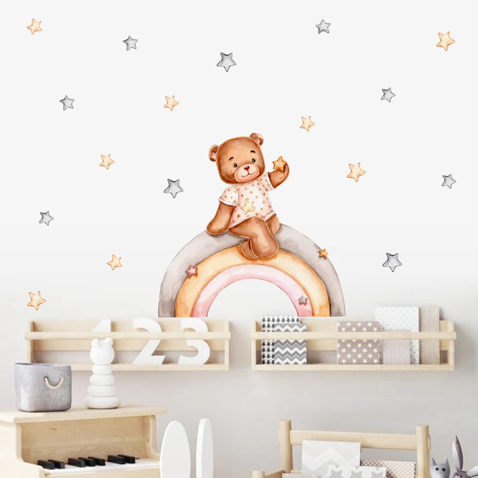 Cartoon Cute Bear Bunny Moon Star Watercolor Wall Stickers Kids Room Baby Room Home Decorative Wall Decals Deer Nursery Stickers