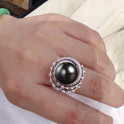 MeiBaPJ 11-12mm Natural Black Semiround Pearl Fashion Ring 925 Sterling Silver Fine Wedding Jewelry for Women