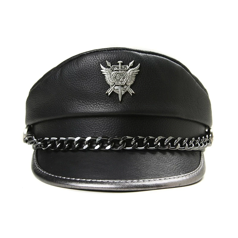 Novelty Winter Men‘s Genuine Leather Hat Male Flat Top Badge Locomotive Retro Military Caps Students Punk Cortical Chain Gorra