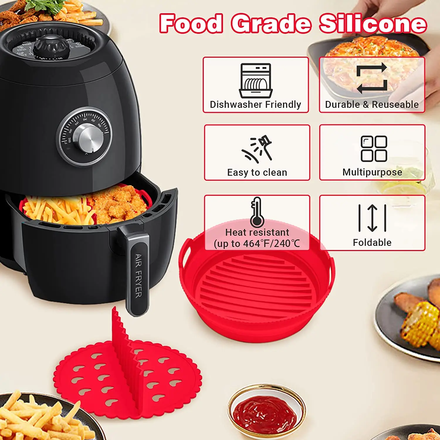 Food Grade Silicone Air Fryer Liners Round Reusable Foldable BPA Free Air Fryer Basket Baking Tray Accessories for Kitchen