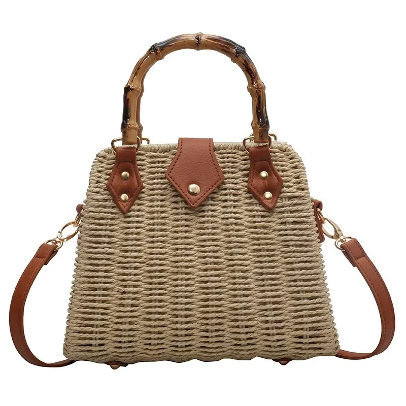 

Light luxury retro style bamboo joint hand-held straw bag travel vacation fashion casual messenger shoulder bag