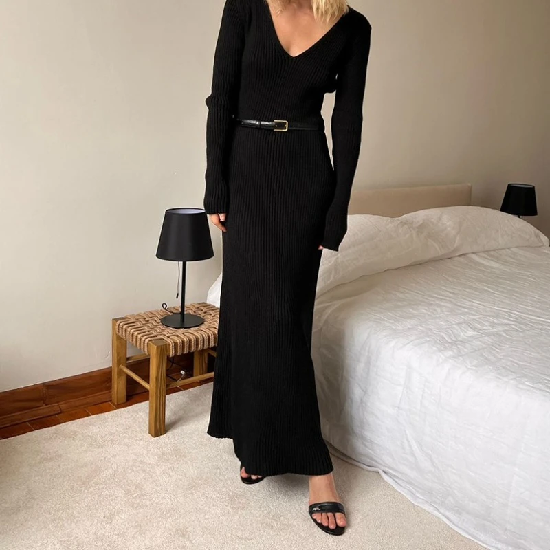 Women's New Autumn Solid Color Long Sleeve V-neck Slim Bodycon Knitted Maxi Dress Trendy Elegant Fashion Dresses 2025