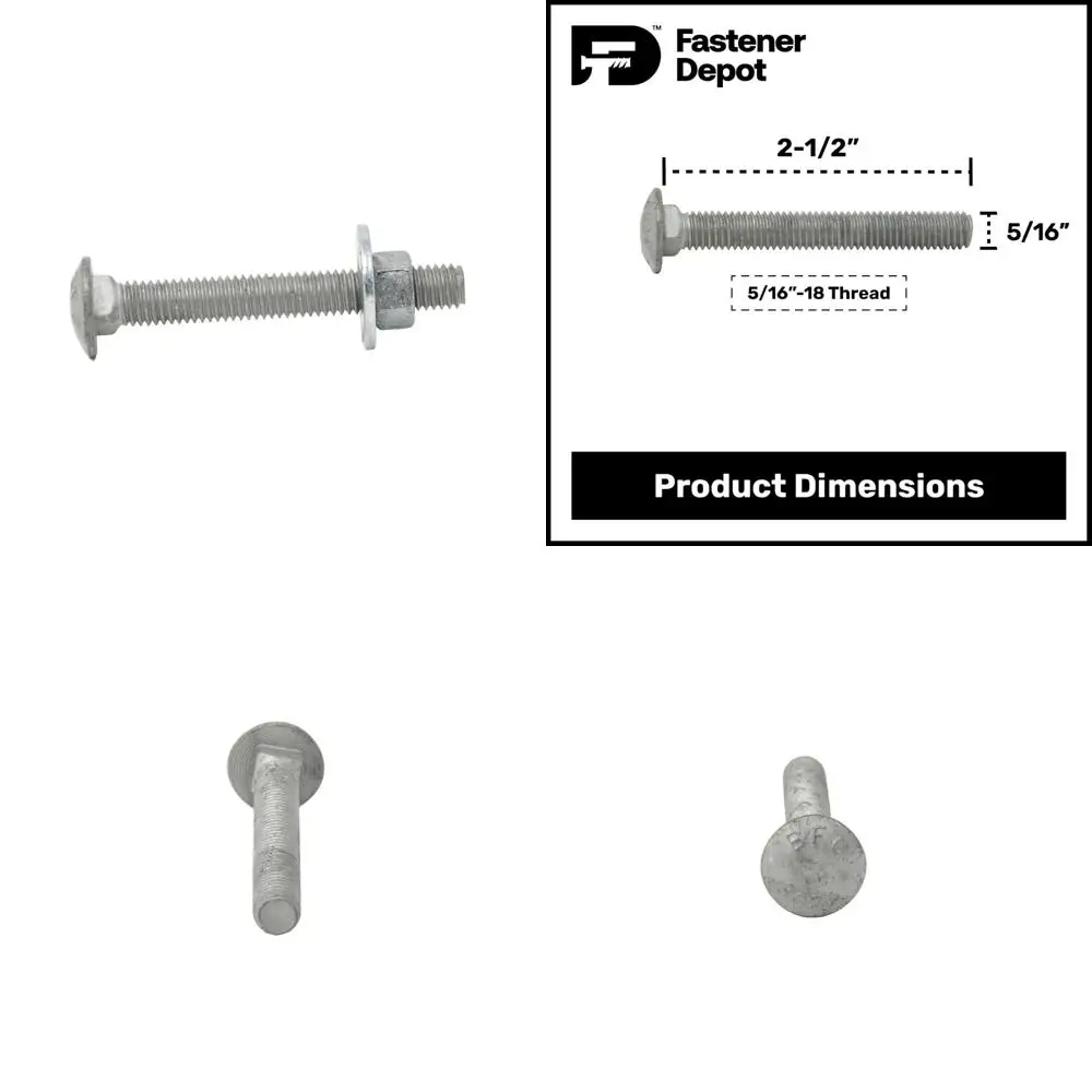 

Galvanized Carriage Bolt Kit 5/16-18 x 2-1/2 Grade 307A with 100 Flat Washers and 100 Hex Nuts, Heavy Duty Construction Hardware