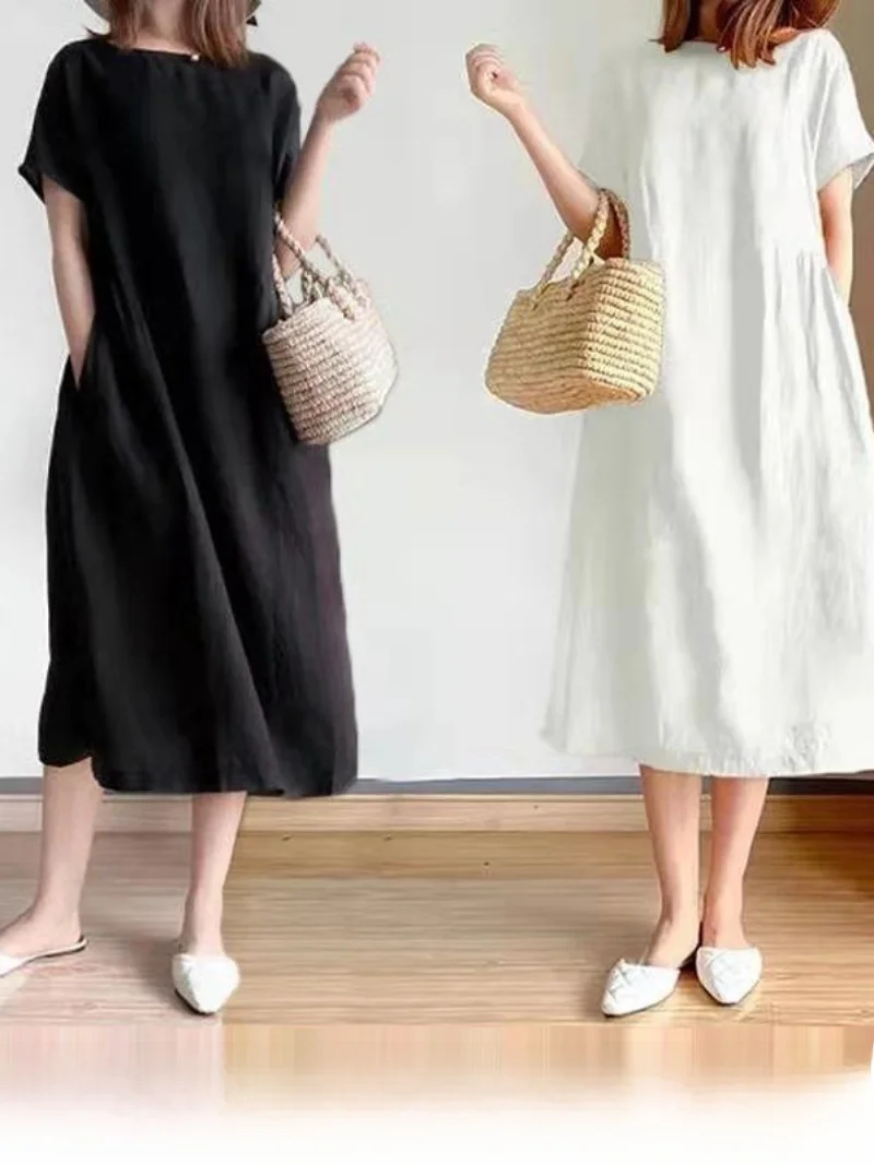 Summer Korean Style Loose Midi Dress Women's Artistic Slimming Large Size Mid-Length Skirt Simple  Color Cotton Dress