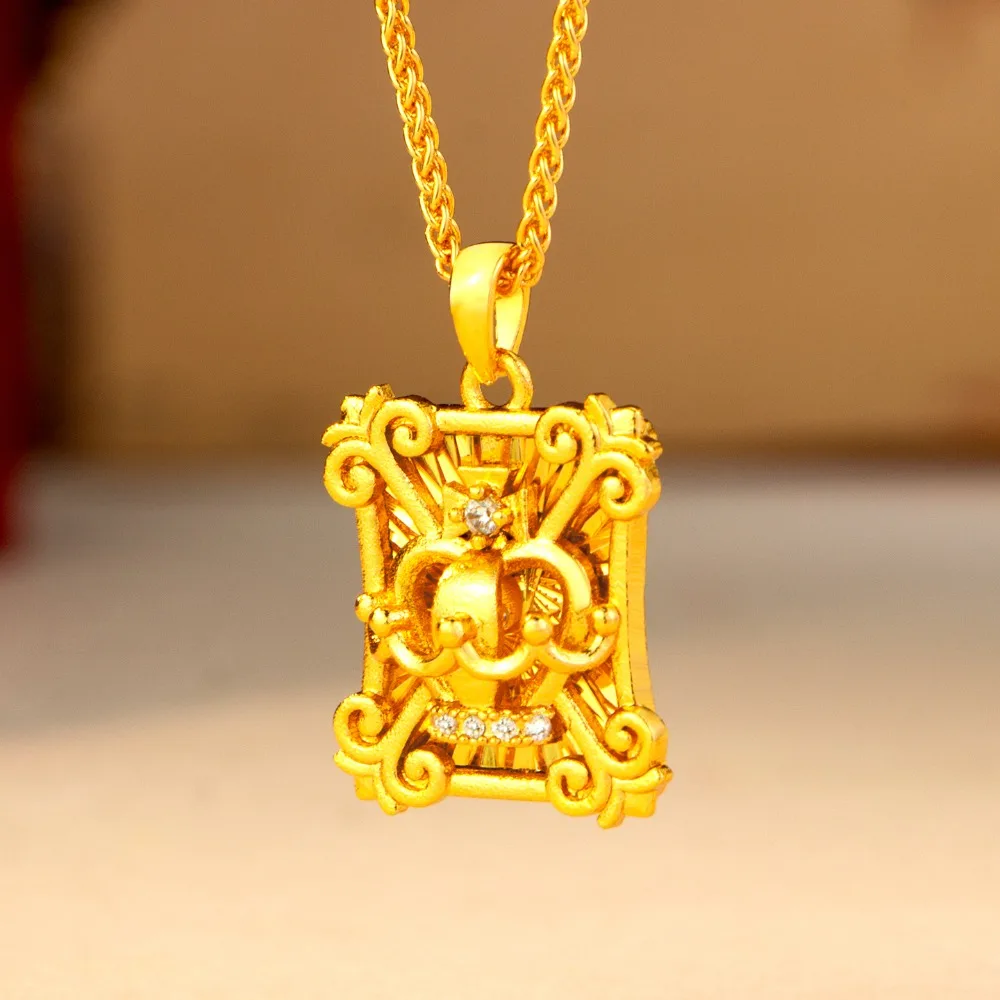 Point drill square pattern pendant retro senior sense heavy industry collarbone chain jewelry 9999gold