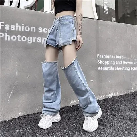 New Cargo Straight Women Jeans American Button Daily Long Leg Jeans High Waist Denim Korean Fashion Pants