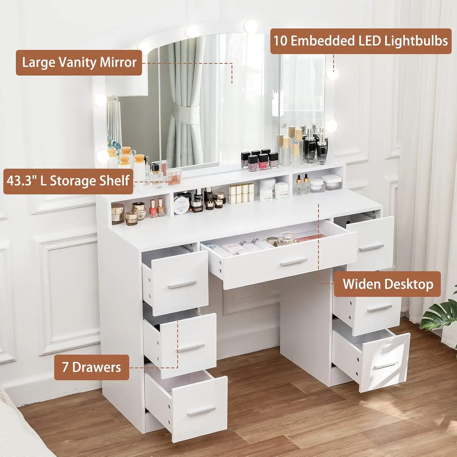 43.3" Vanity Desk with Large Lighted Mirror, Makeup Vanity Table with 7 Drawers & 10 Lights Bulbs, 3 Lighting Colors