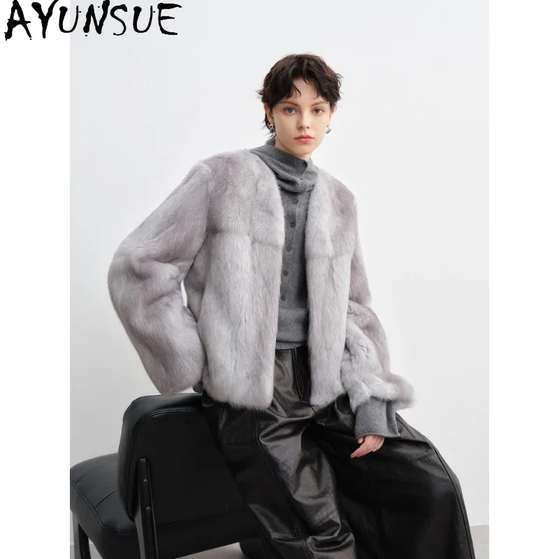 AYUNSUE Natural Rabbit Fur Coat Winter Jacket for Women Warm Womens Coats Angola Rabbit Loose Fit Outerwears Short Style 2026