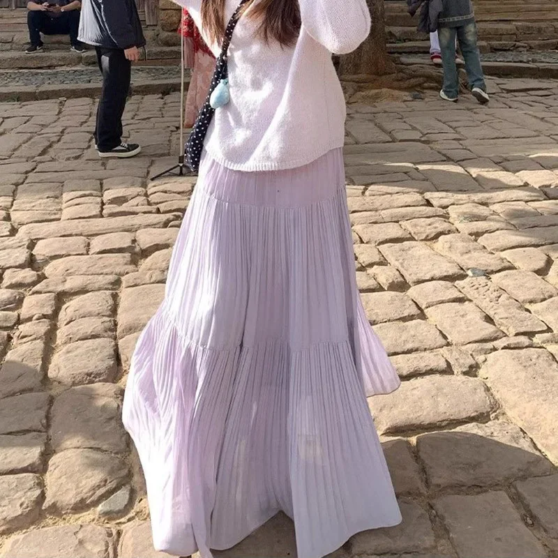 

Summer Female Solid Color Ruched Skirts Hot Sale Lady Korean High Waist Thin Skirts Girls Fashion Classic Mid-Long Dress