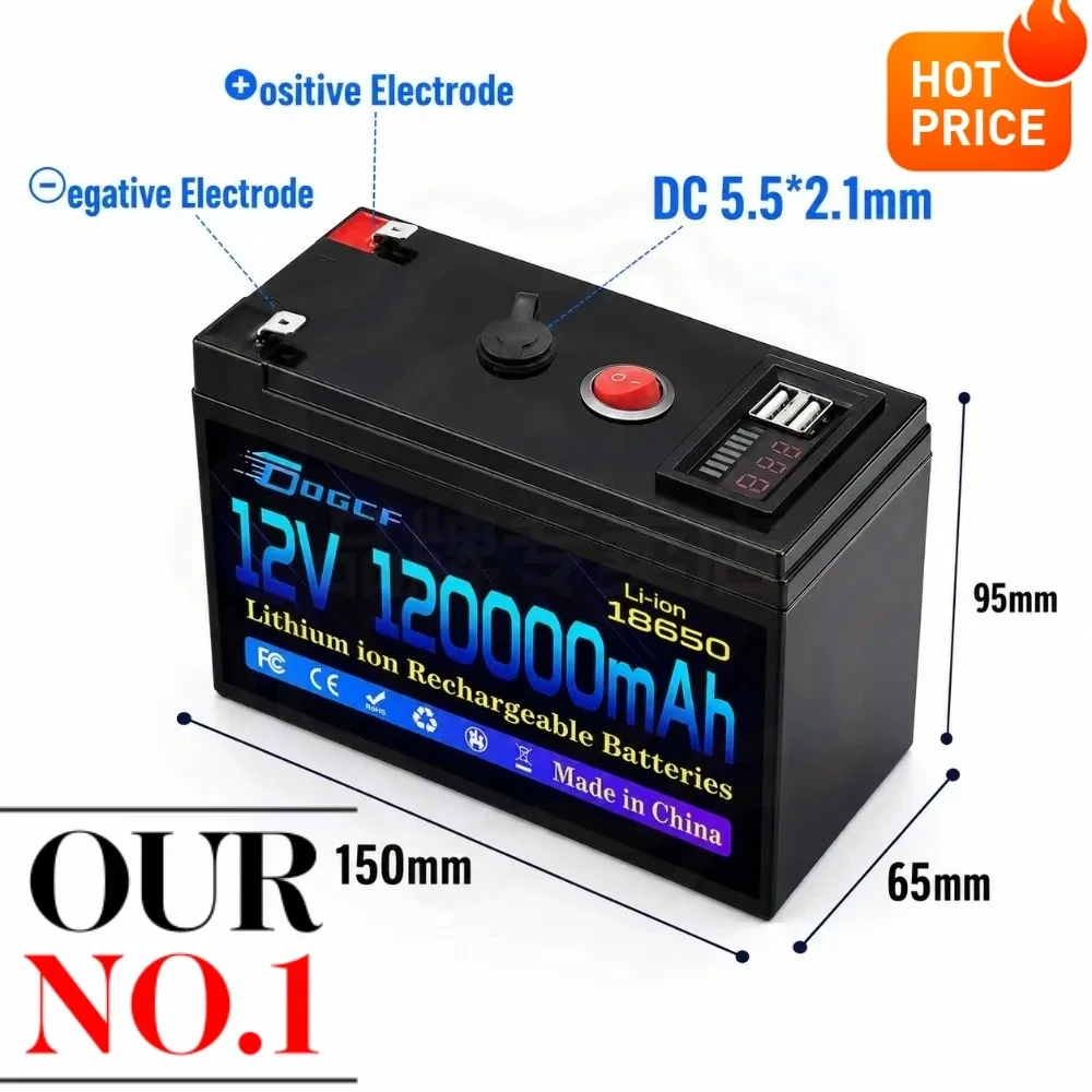 2026 Upgraded 18650 LiFePO4 Battery Pack 12V 100Ah High Capacity Rechargeable Battery with 5V 2.1A USB & Power Display