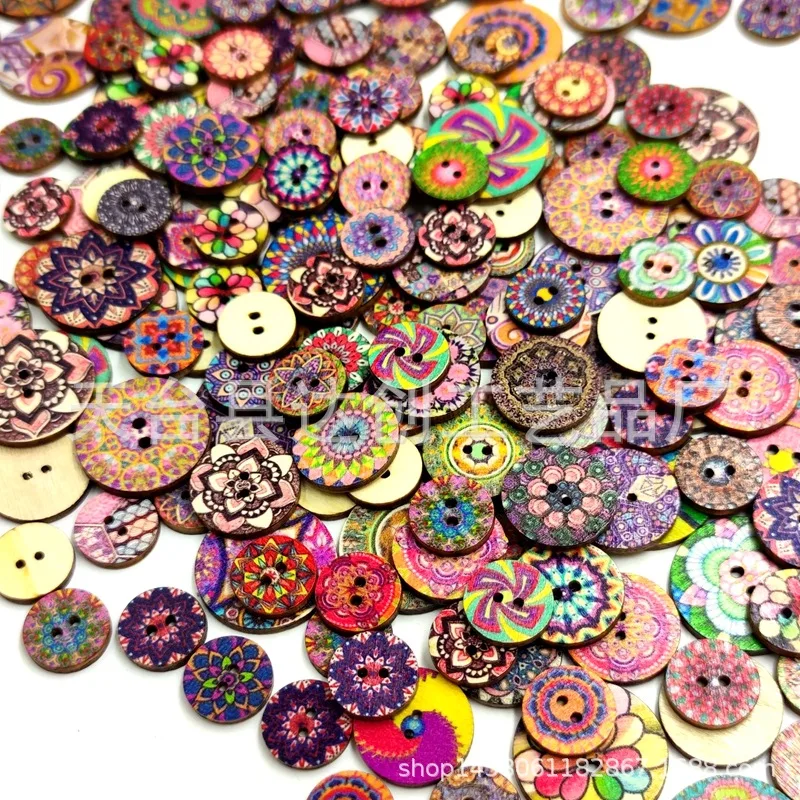 Nieuwe 15 mm / 20 mm / 25 mm retro bedrukte houten schijfknoppen, 100 houten knopaccessoires met antiek patroon