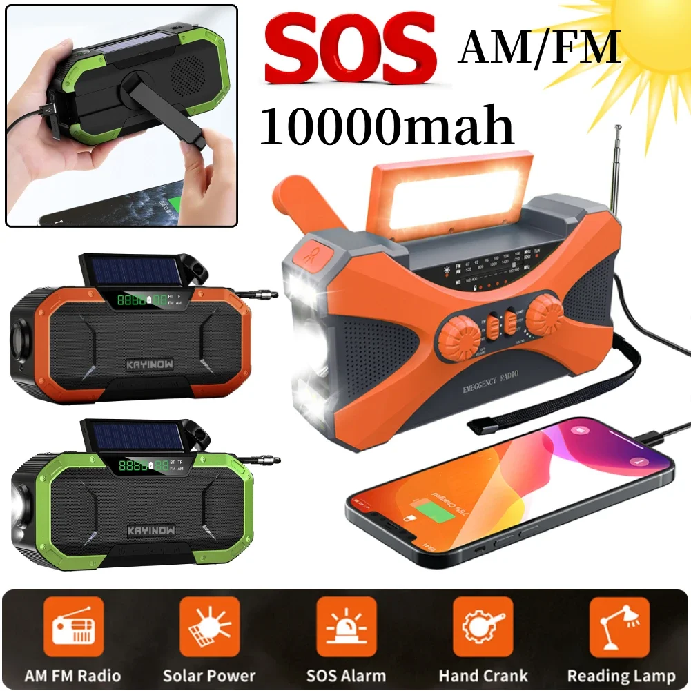 Emergency Radio Solar Hand Crank Radio Portable AM/FM/NOAA Weather Radio LED Flashlight SOS Alarm 10000mAh Power Bank Speaker