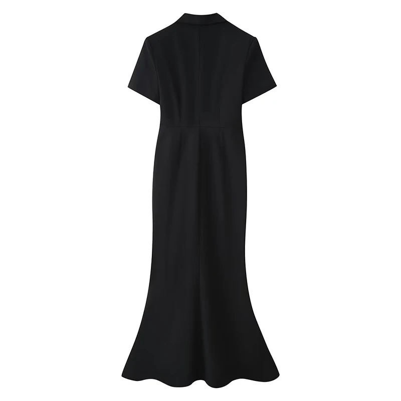YENKYE Elegant Women's Black Blazer Collar Mermaid Maxi Dress Front Button Slim Fit Office Party Short Sleeve Dresses