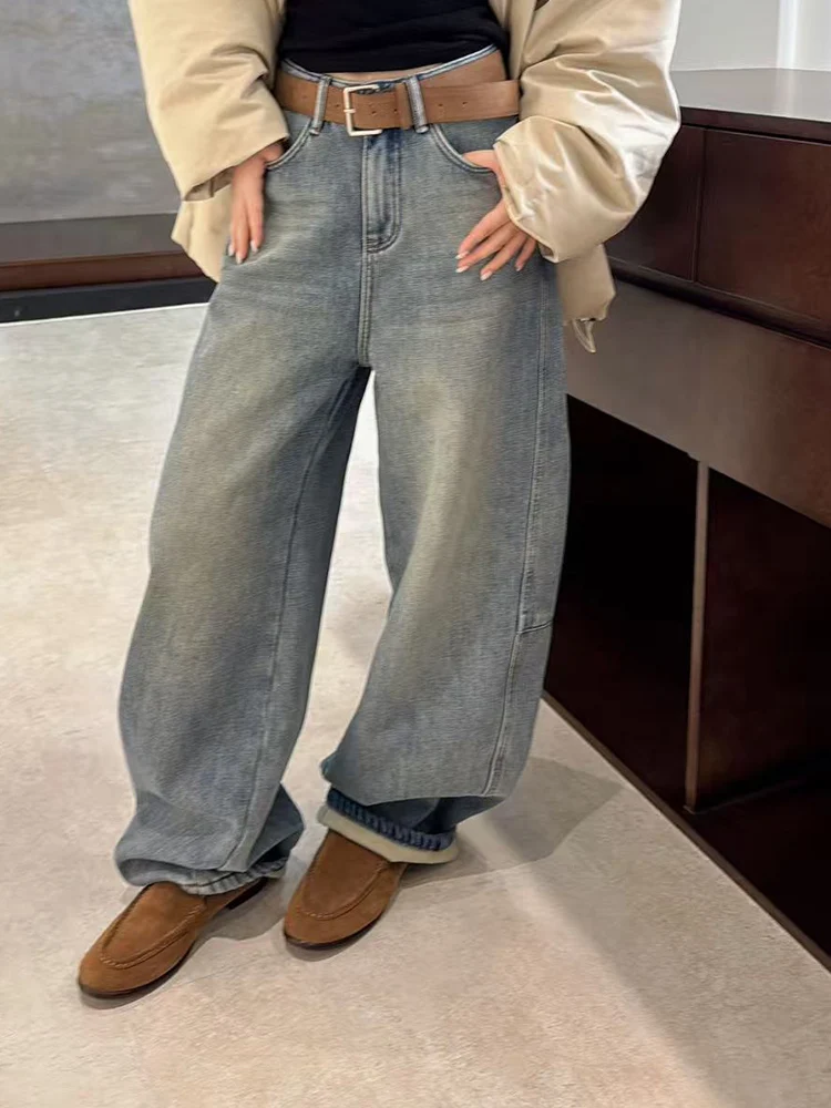 

Новые зимние джинсовые брюки Thiened Fce в стиле ретро, широкие повседневные брюки с высокой талией и поясом по бокам, линия Pred Line