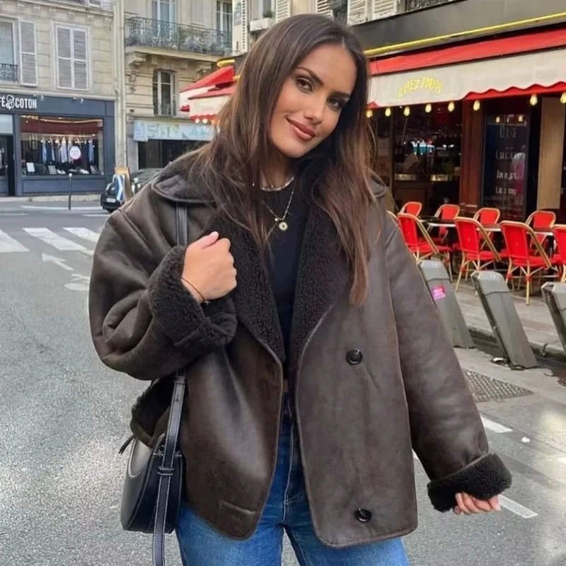 Chaqueta Bomber para mujer, chaqueta de piel sintética, abrigo de manga larga con botones para otoño e invierno, chaqueta gruesa informal Vintage para exteriores