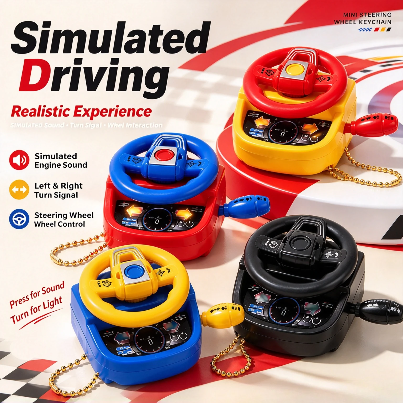 Simulation Mini Steering Wheel Keychain, Shiftable Stress Relief Pendant, Sound Light Driving Toy Creative Bag Accessory