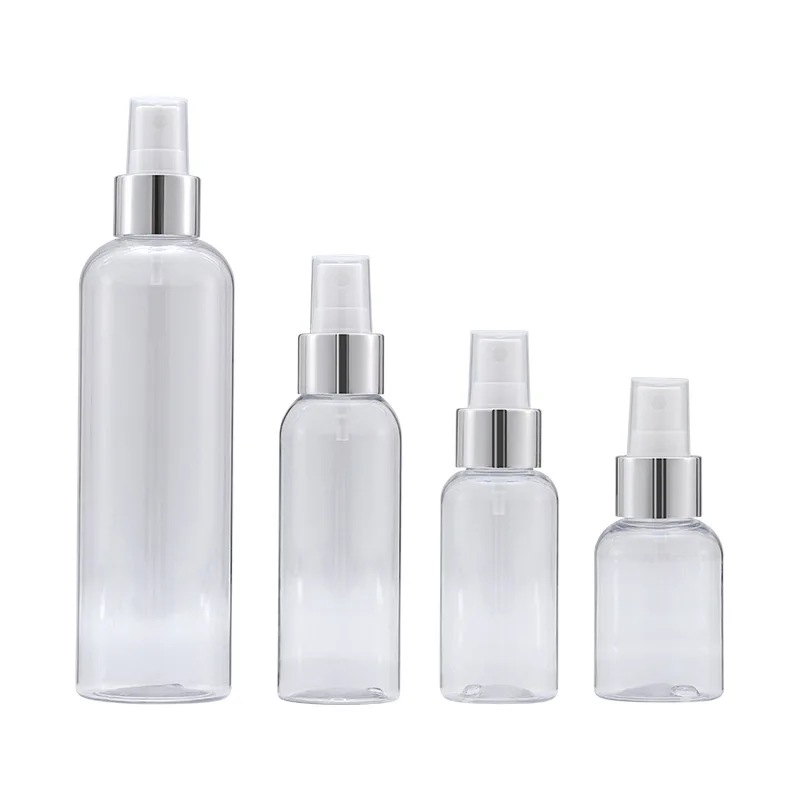 

25Pcs 50ml 75ml 100ml 250ml Refillable Spray Mist Bottle Shiny Silver Pump Cosmetic Packaging Transparent Plastic Empty Bottles