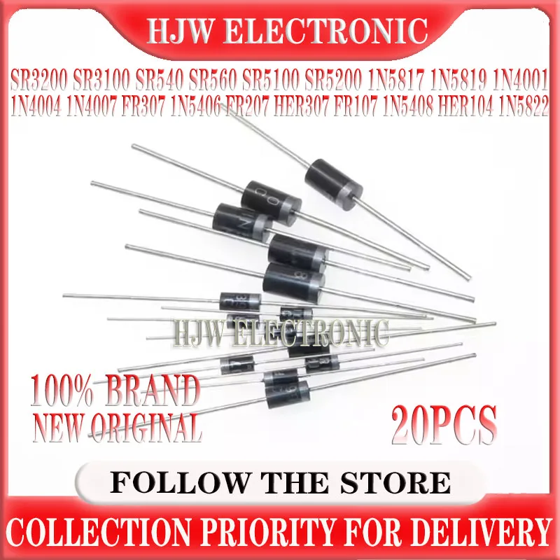 20PCS SR3100 SR560 SR540 SR5200 SR5100 SR3200 Schottky Diode DO-27 SB5100 SB560 SB540 SB3100 3A 5A 40V 60V 1000V 2000V DIP Diode