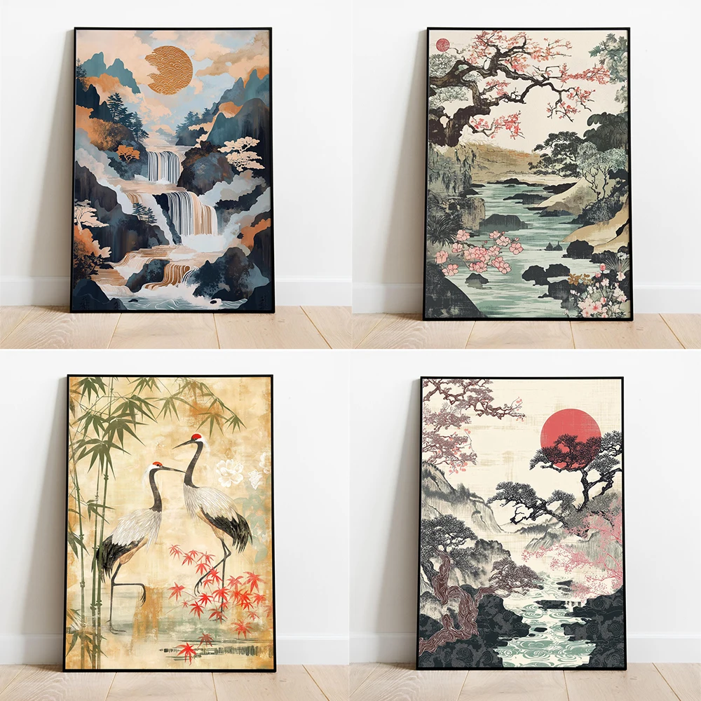 Japanese Waterfall Landscape Print Vintage Nature Art  Poster Japanese Crane Print Modern Ukiyo-e Bird Canvas Painting Decor