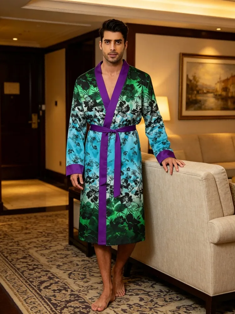 Men's lightweight quick-drying pajama bathrobe - 3D digital printing, non-fading design, stand-up collar and adjustable waistban