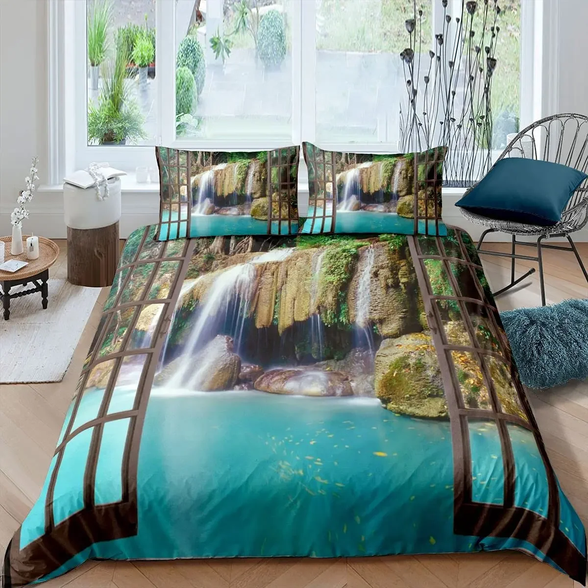 Nature Duvet Cover Set, Waterfall Flowing Decorative 3 Piece Bedding Set with 2 Pillow Shams, Queen Full Size, Fern Green Blue