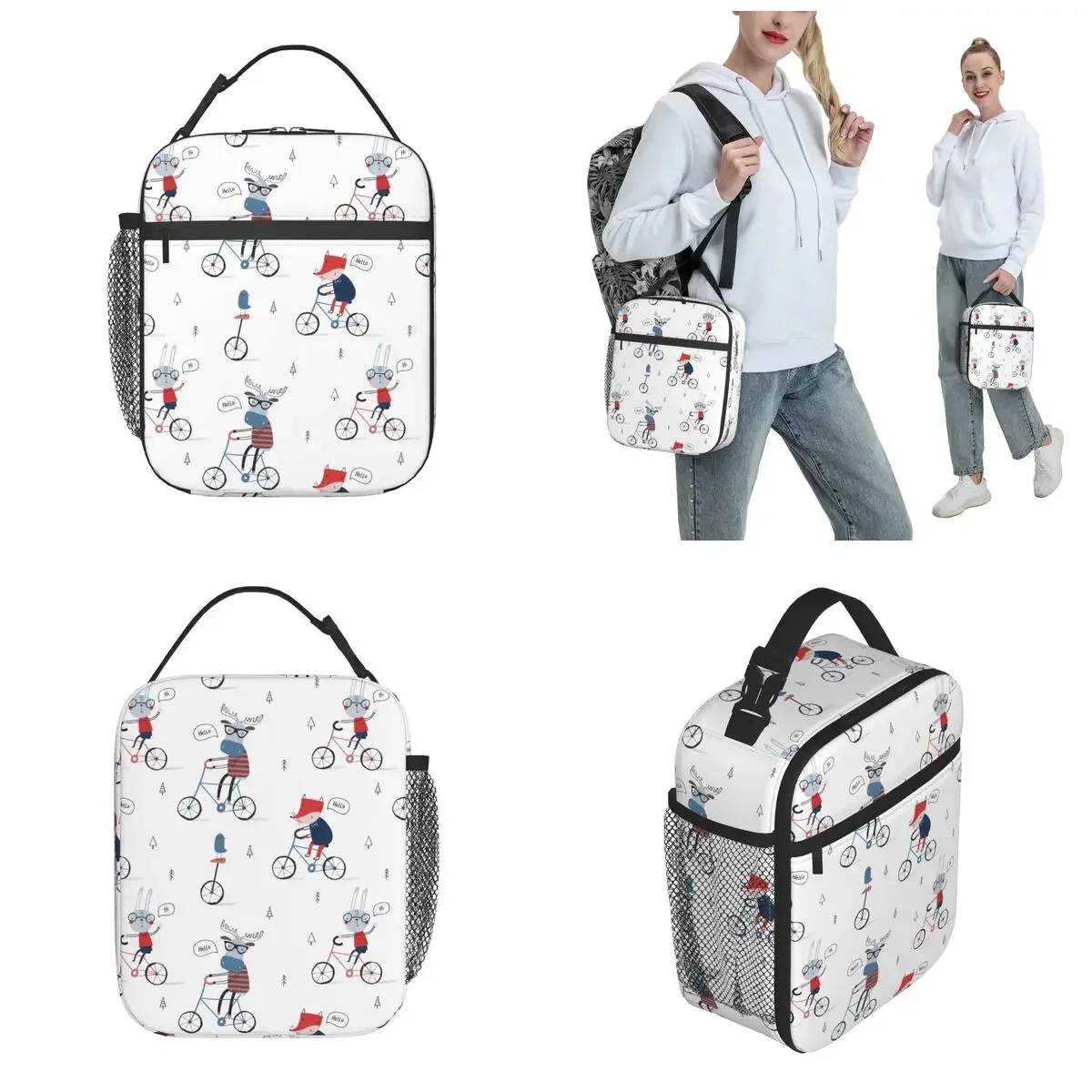 Funny Animals On Bicycles Fox Bunny Forest Insulated Lunch Bags for Kids School Lunch Container Fashion Thermal Cooler Bento Box