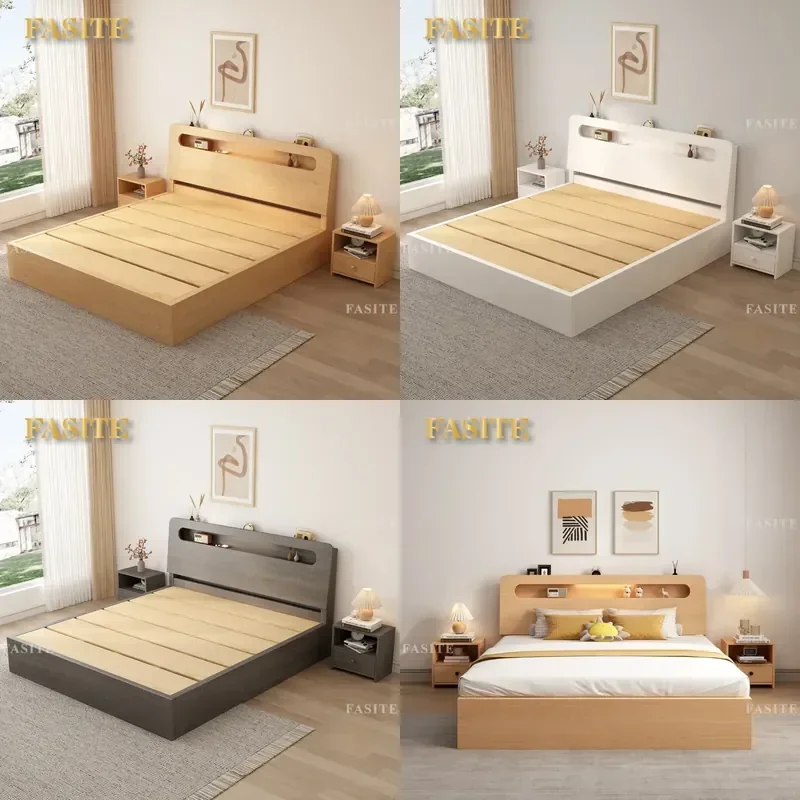 For 1.8m Double Bed Frame Thickened Solid Wood Plank Modern Simple Tatami Style Master Bedroom Rental Furniture Sturdy