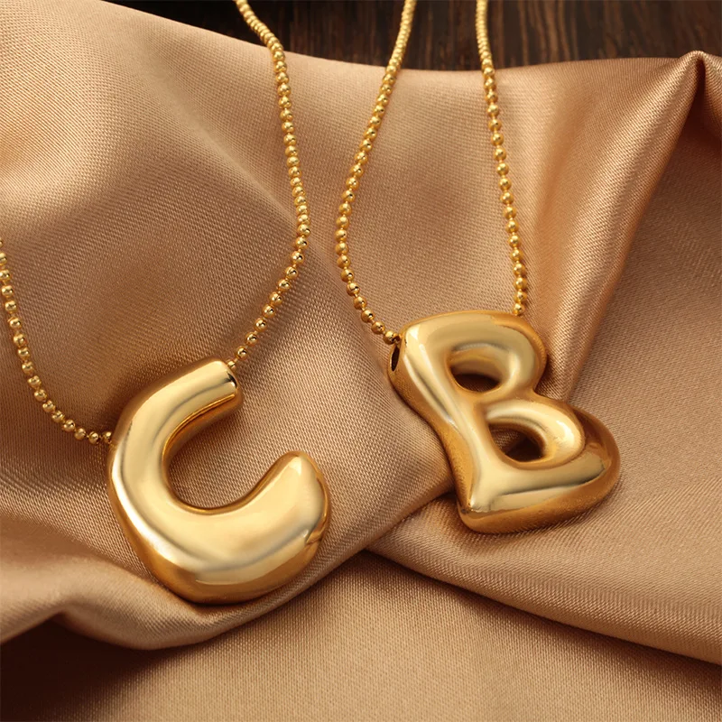 

Golden Color Stainless Steel Initial Necklace for Women Girls Chunky Bubble Letter Pendant Necklaces Trendy Collar Jewelry Gift